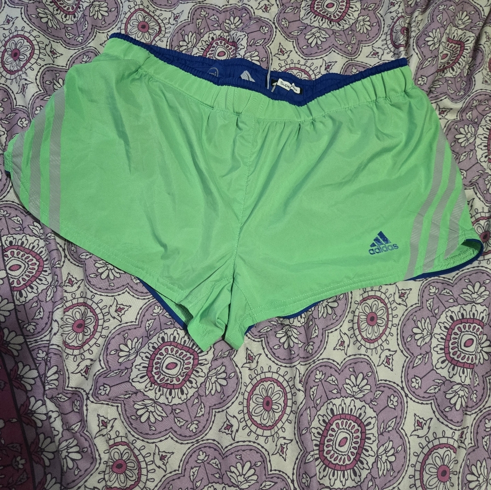 Small Adidas Clima Cool Supernova Lime Green Running Shorts, Royal Blue Trim.